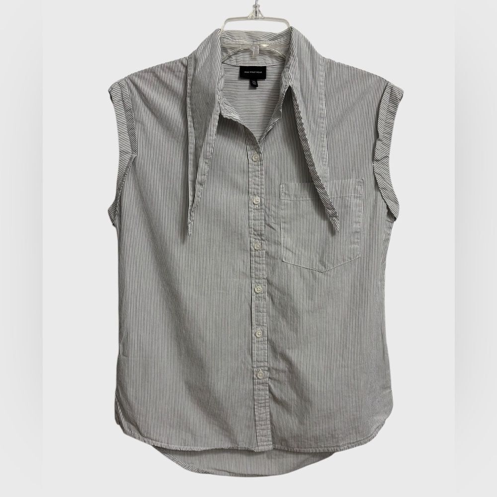 Who What Wear Women's Sleeveless Pointed Collar Shirt XS Black White Pinstripes